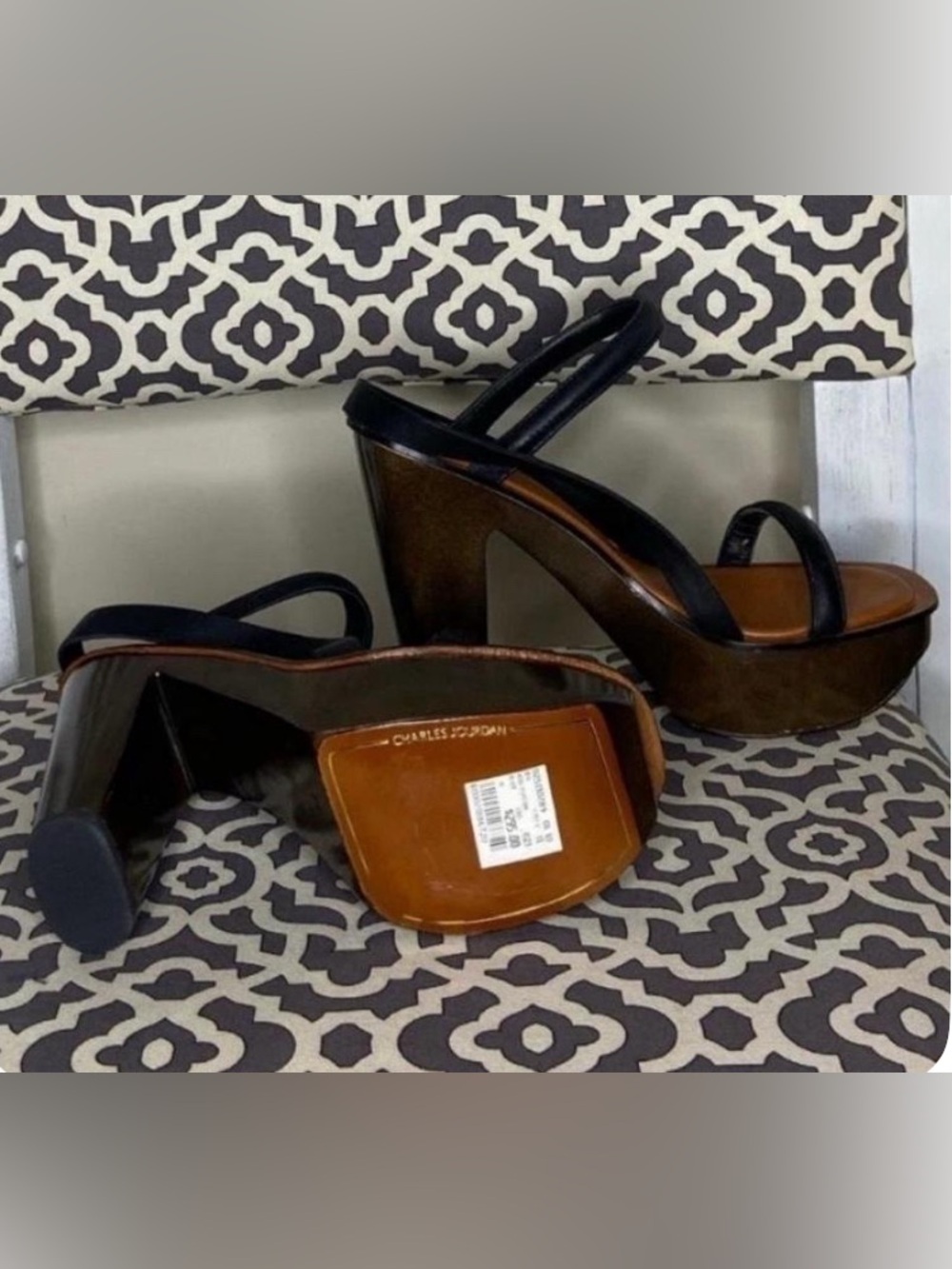 Charles Jourdan Black Strappy Platform Heels - Picture 7 of 9